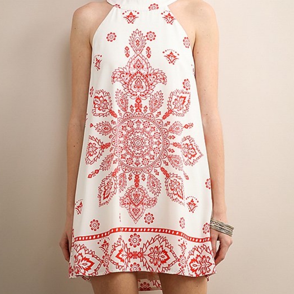 Tunic Dress: Cream & Coral Arabesque